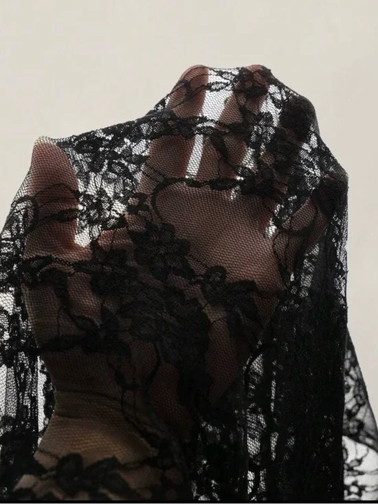 ✨🖤 Black Lace Long Bell Sleeve Tie Front Sheer Top - Picture 6 of 6